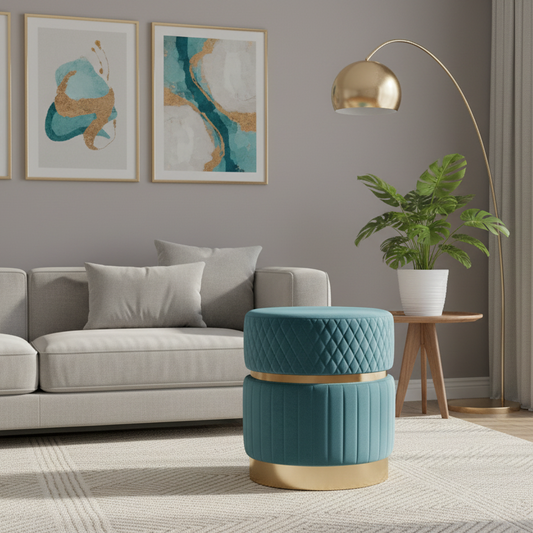 Modern living room with a gray sofa, teal ottomans, and abstract art on the wall.