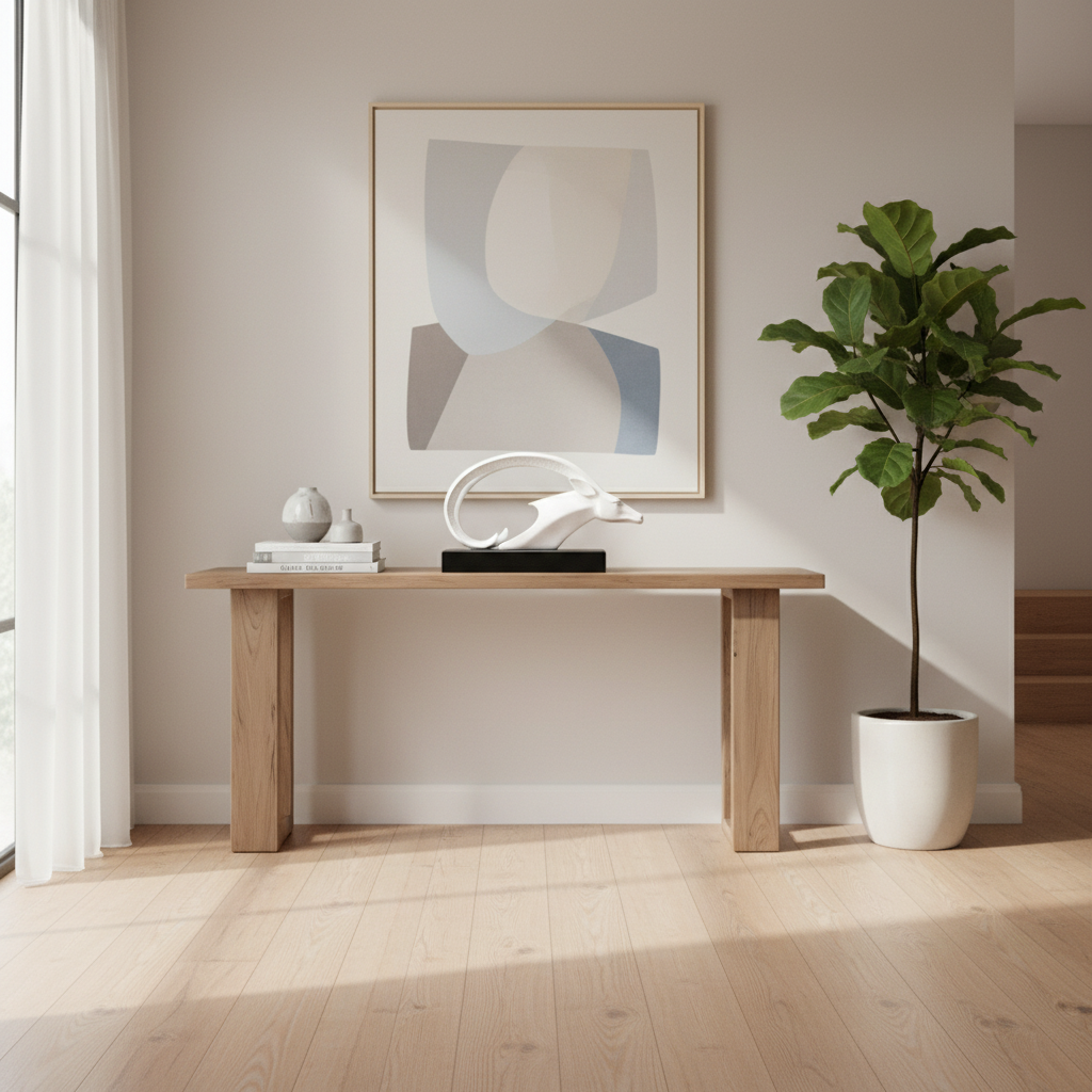 Modern interior with a wooden console table, abstract art, and a plant.