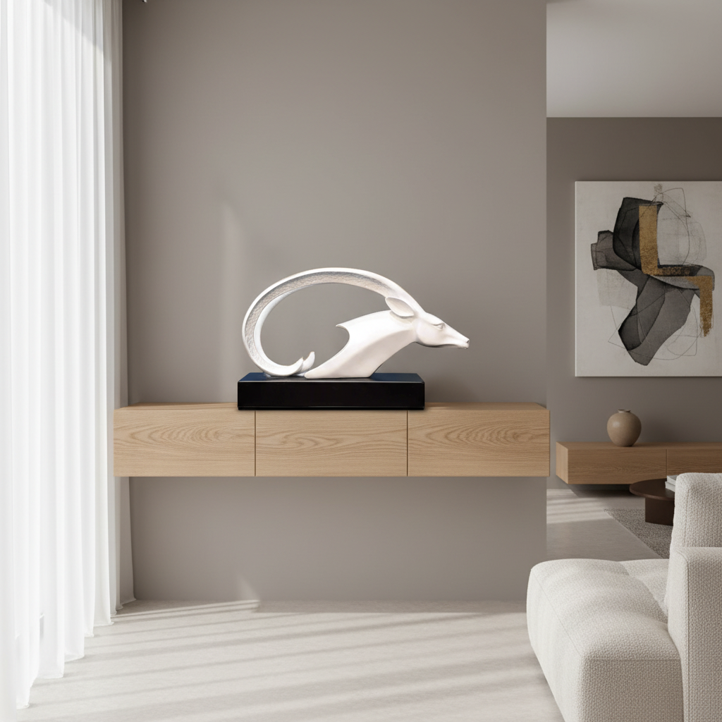 Modern living room with a dolphin sculpture on a wooden console table.