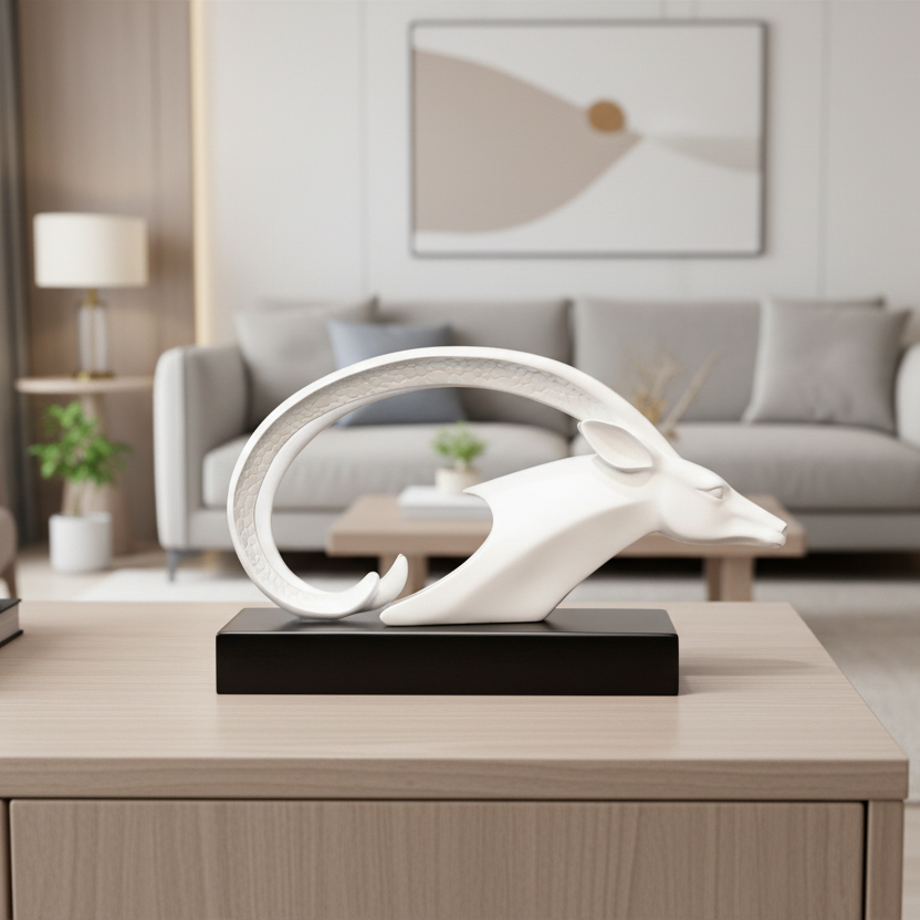 White deer sculpture on a wooden table in a modern living room