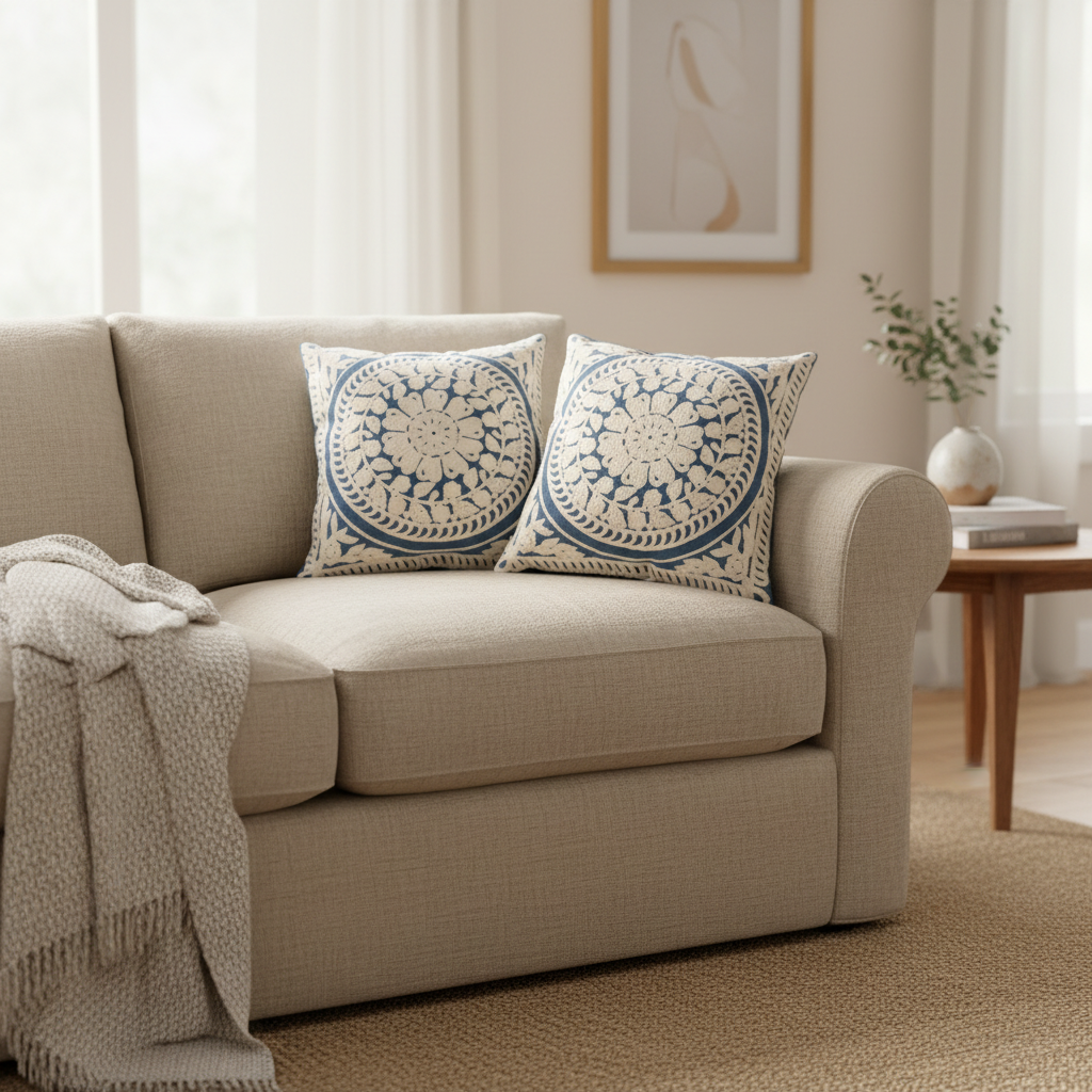 Beige sofa with blue and white patterned cushions in a living room setting.