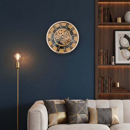 Decorative clock face with gold gears and black background