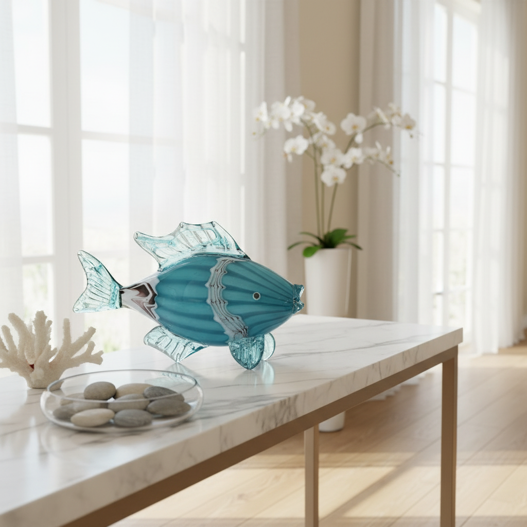 Decorative  glass blue fish sculpture on a table with a neutral background