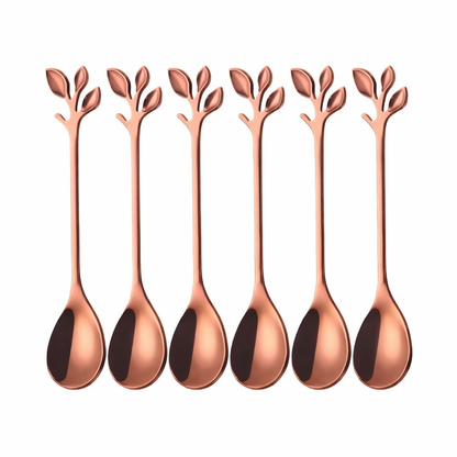 Elegant Rose Gold Leaf Design Teaspoons (Set of 6) – Stainless Steel Stirring Spoon Set Rose Gold
