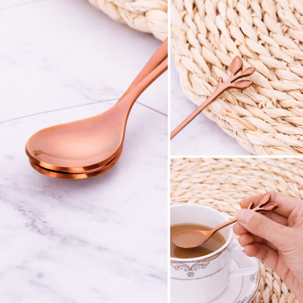 Elegant Rose Gold Leaf Design Teaspoons (Set of 6) – Stainless Steel Stirring Spoon Set Rose Gold