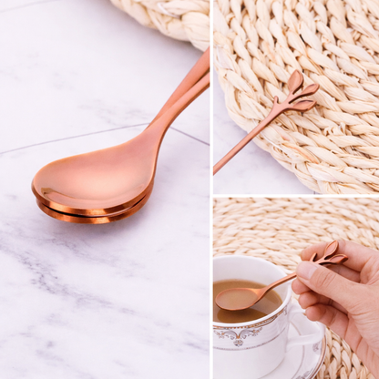 Elegant Rose Gold Leaf Design Teaspoons (Set of 6) – Stainless Steel Stirring Spoon Set Rose Gold