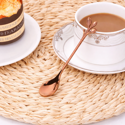 Elegant Rose Gold Leaf Design Teaspoons (Set of 6) – Stainless Steel Stirring Spoon Set Rose Gold