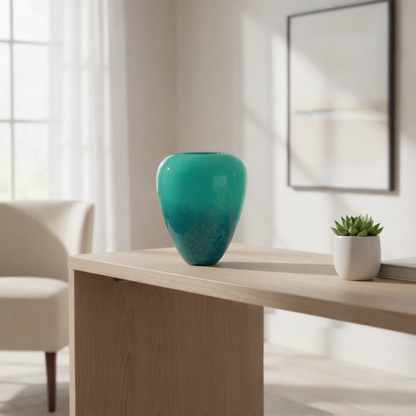 Teal vase on a wooden table with a plant in a bright room.