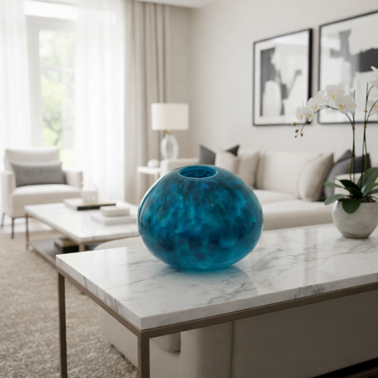 Living room with a blue vase on a marble coffee table