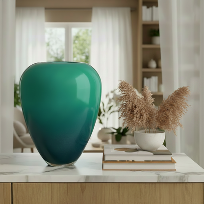 A glossy teal-green ceramic vase with a smooth gradient finish, displayed on a white marble-topped cabinet in a bright, modern living room setting.