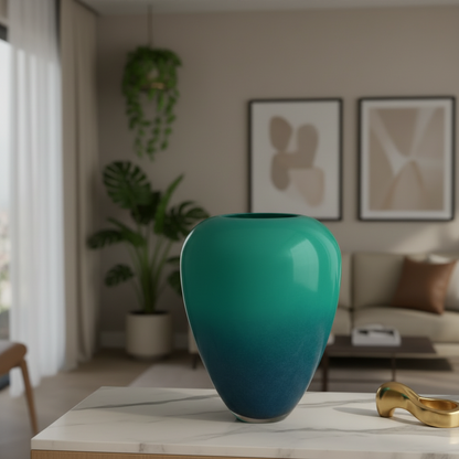 A glossy ceramic vase with a teal-to-blue gradient finish, displayed on a marble-topped table in a modern, softly blurred living room setting.