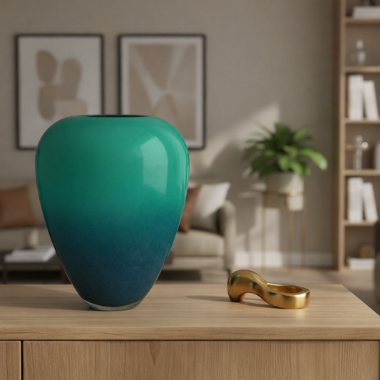 Teal vase on a wooden surface with a blurred living room background