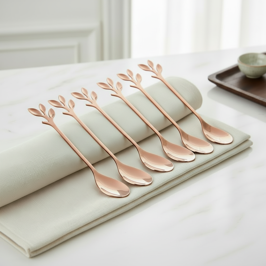 Elegant Rose Gold Leaf Design Teaspoons (Set of 6) – Stainless Steel Stirring Spoon Set Rose Gold
