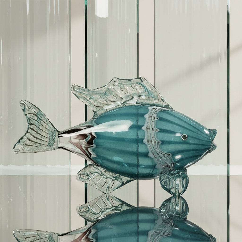 Glass fish sculpture on a reflective surface with a neutral background