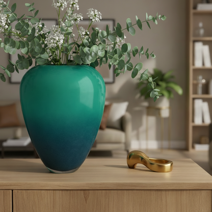 A glossy ceramic vase with a teal-to-dark-blue gradient, filled with eucalyptus and small white flowers, placed on a light wood table in a softly blurred living room setting.