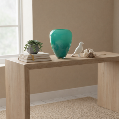 Teal vase on a wooden table with decorative items in a room with a window.