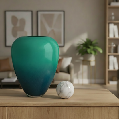 A glossy ceramic vase with a teal-to-dark-blue gradient sits on a light wood table in a modern living room, next to a small white marble sphere.