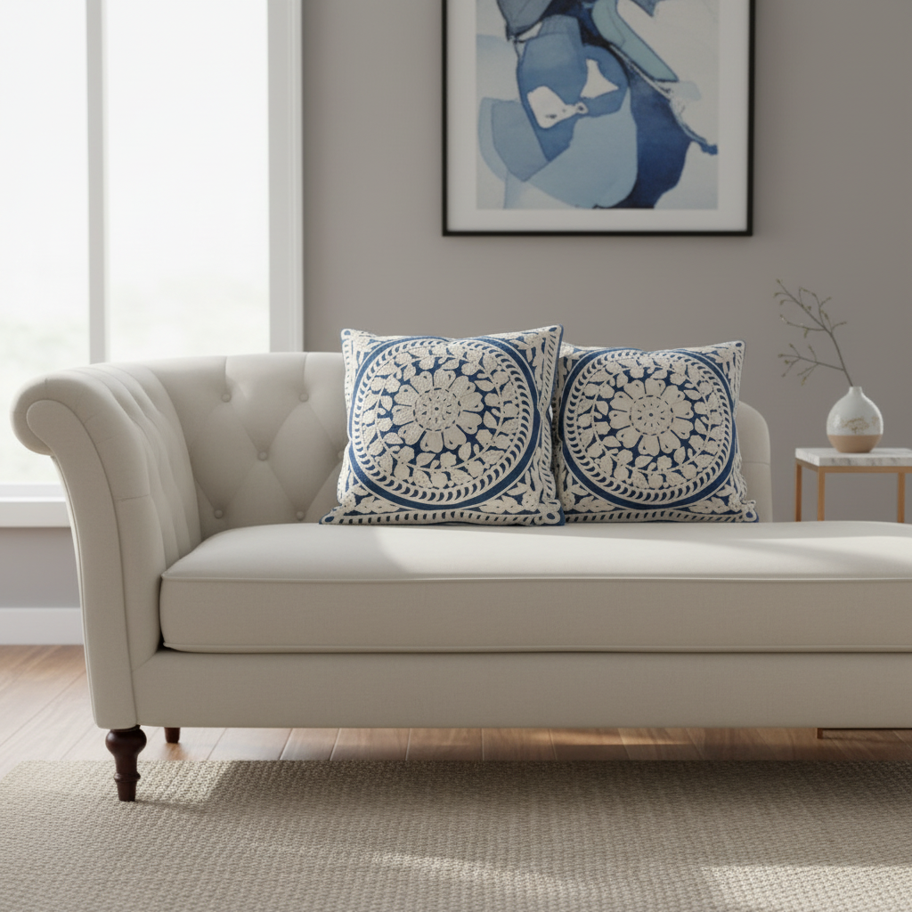 Beige sofa with blue and white patterned pillows in a living room setting.