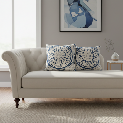Beige sofa with blue and white patterned pillows in a living room setting.