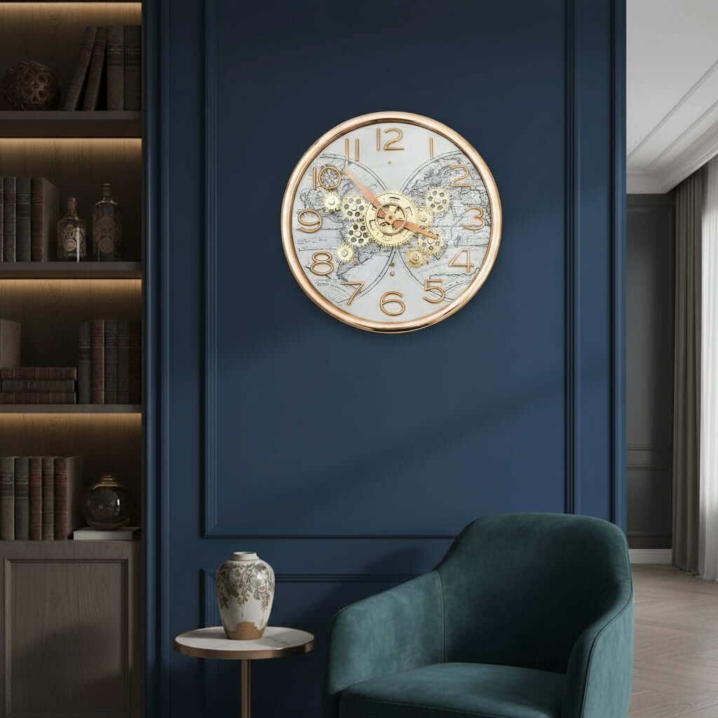 Decorative clock with gold gears and numbers on a light background