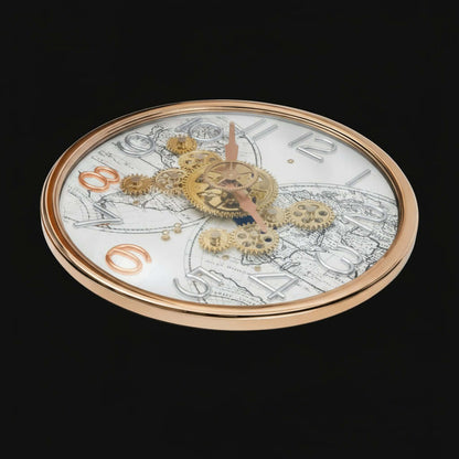 Decorative clock with gear design on a white background