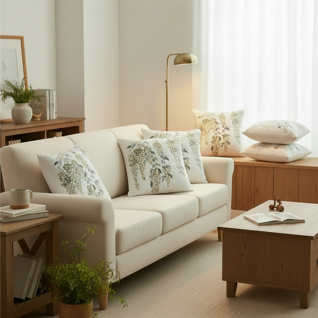 Living room with a beige sofa, decorative pillows, and wooden coffee table.