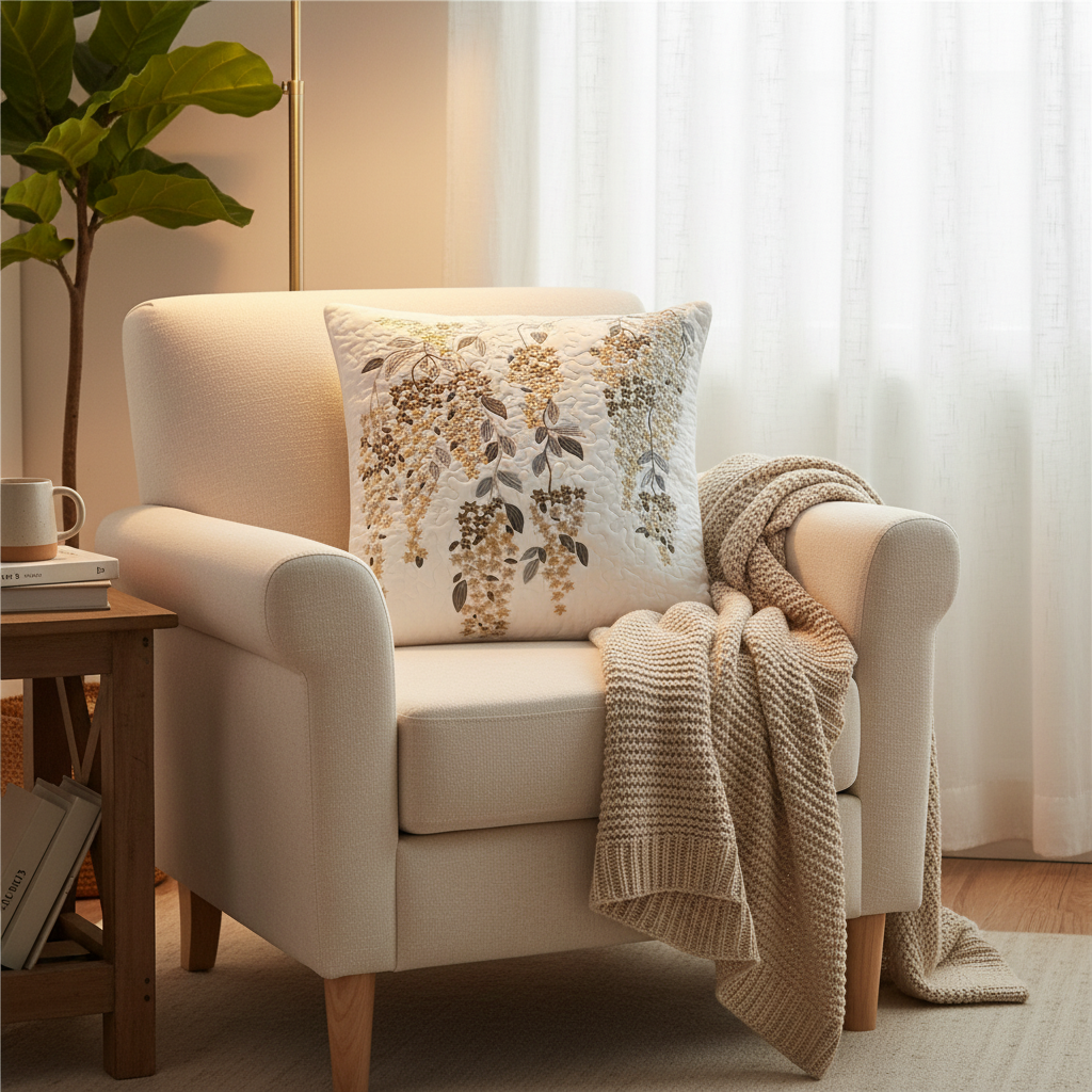 Beige armchair with a floral pillow and knitted blanket in a cozy living room setting.