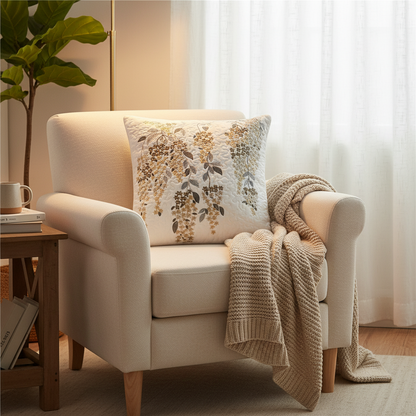 Beige armchair with a floral pillow and knitted blanket in a cozy living room setting.