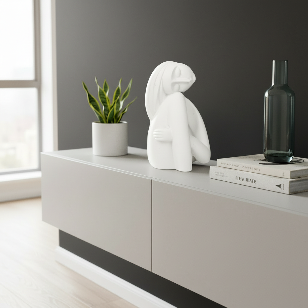 White sculpture, potted plant, books, and blue vase on a light gray console table.
