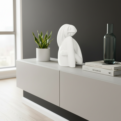 White sculpture, potted plant, books, and blue vase on a light gray console table.